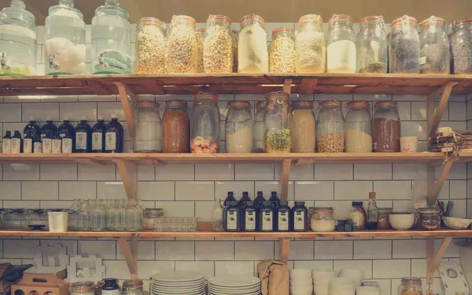 Shelves of glass jars and bottles