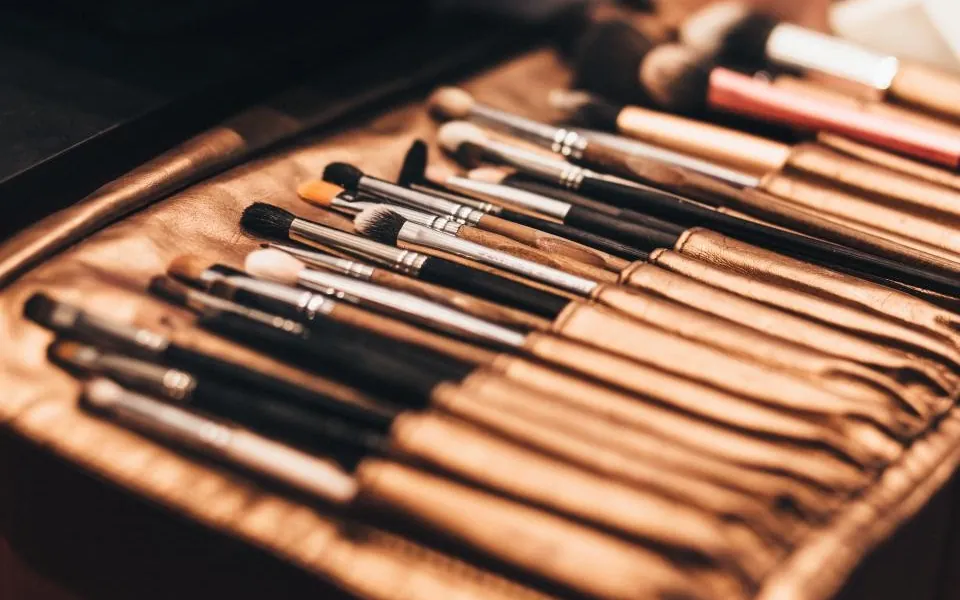 Make-up brushes in an open brush roll